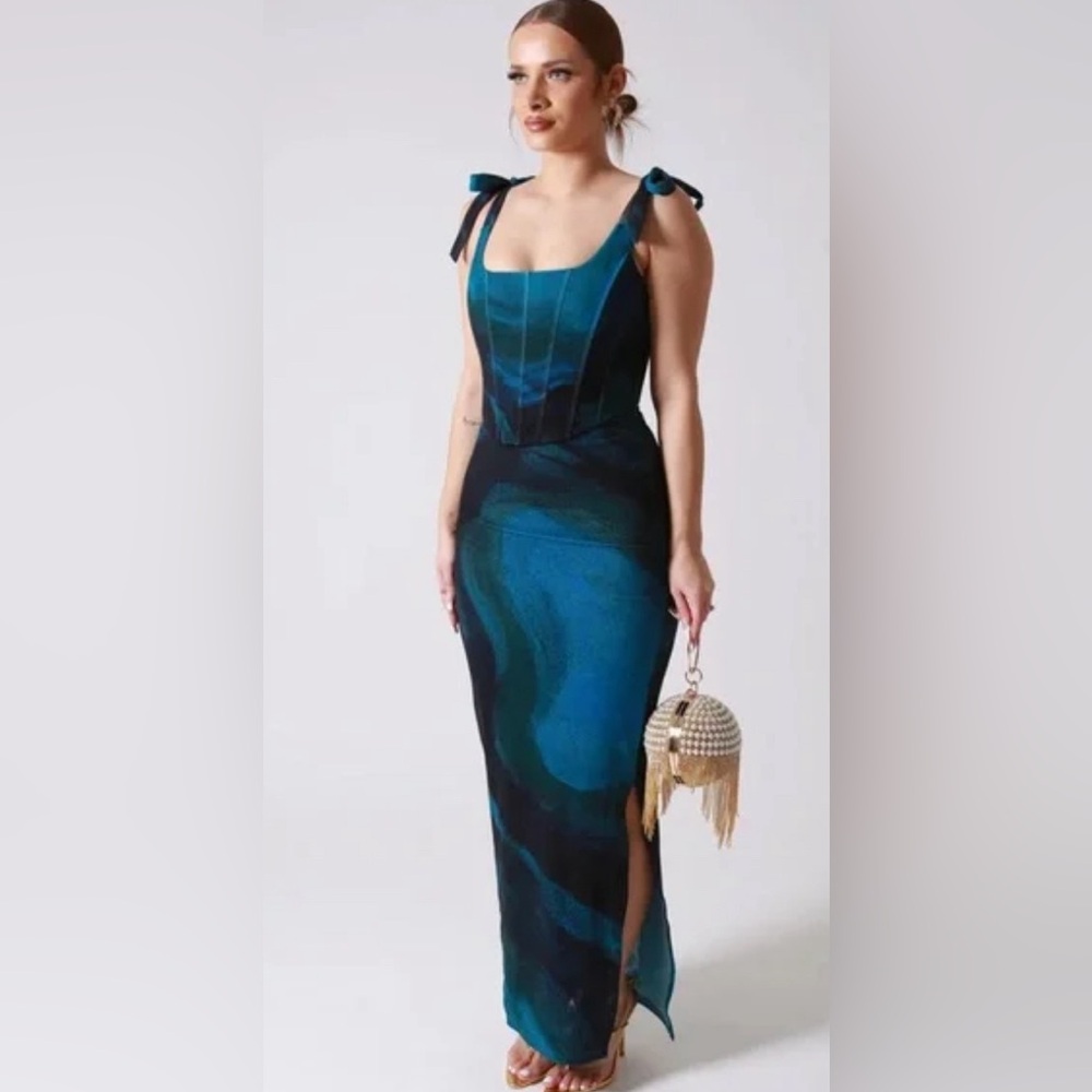 NWT Farai London Nola Corset and Maxi Skirt Set in Blue Multi size XS
